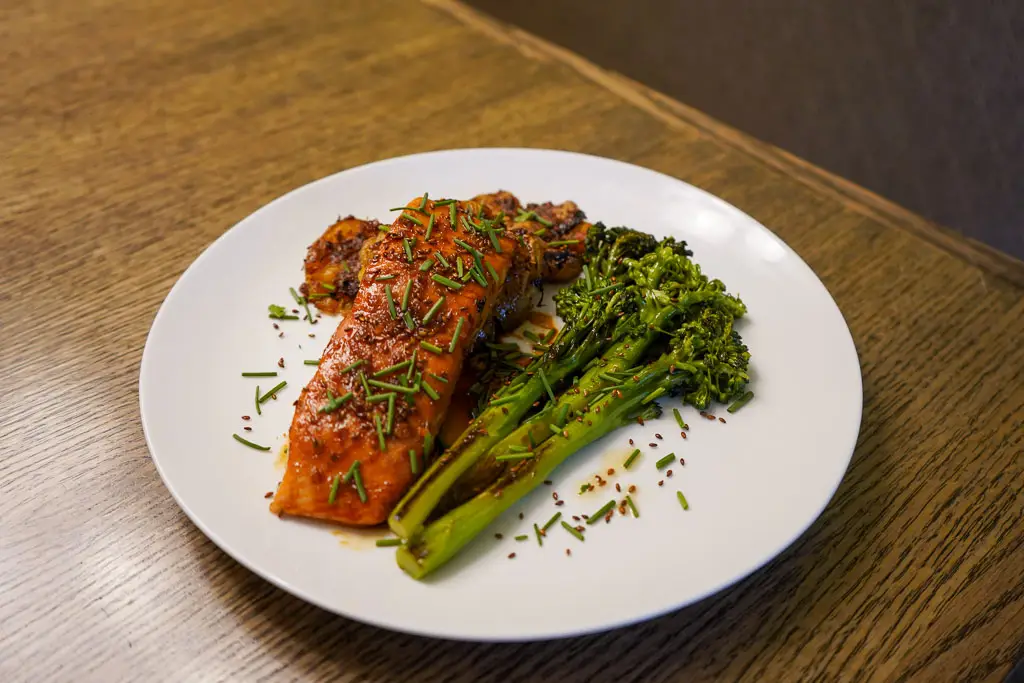 Roast Salmon with Smashed Wasabi Potatoes and Sesame Broccolini